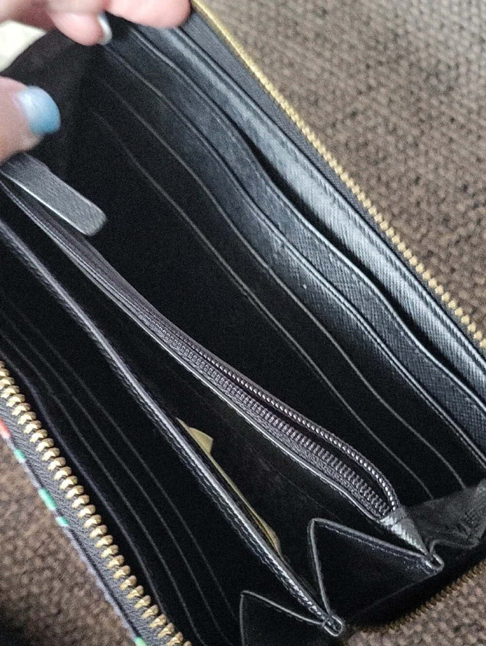 kate spade black wallet with green & pink hummingbird print